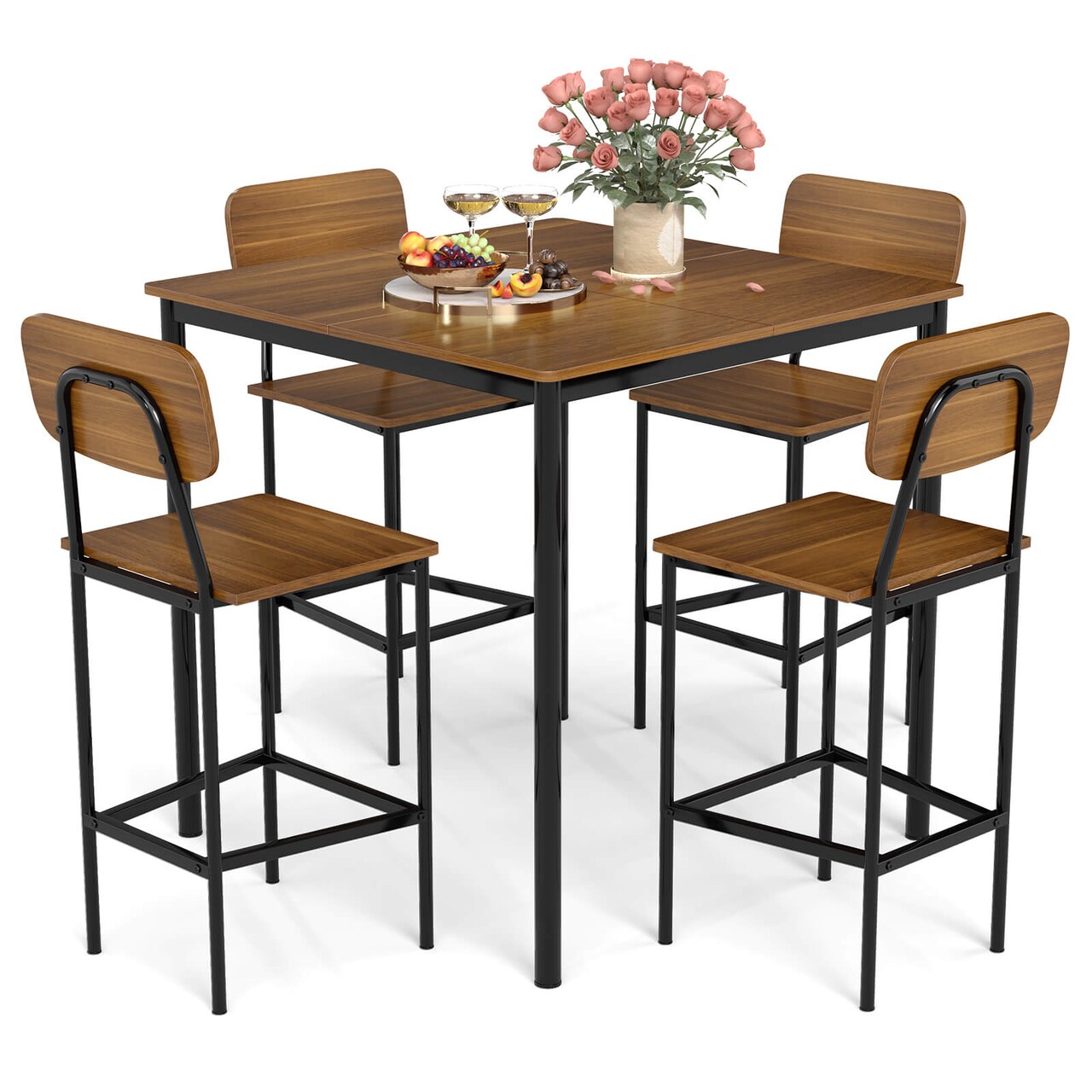 Costway 5-Piece Industrial Dining Table Set with Counter Height Table & 4 Bar Stools Black/Grey/Walnut